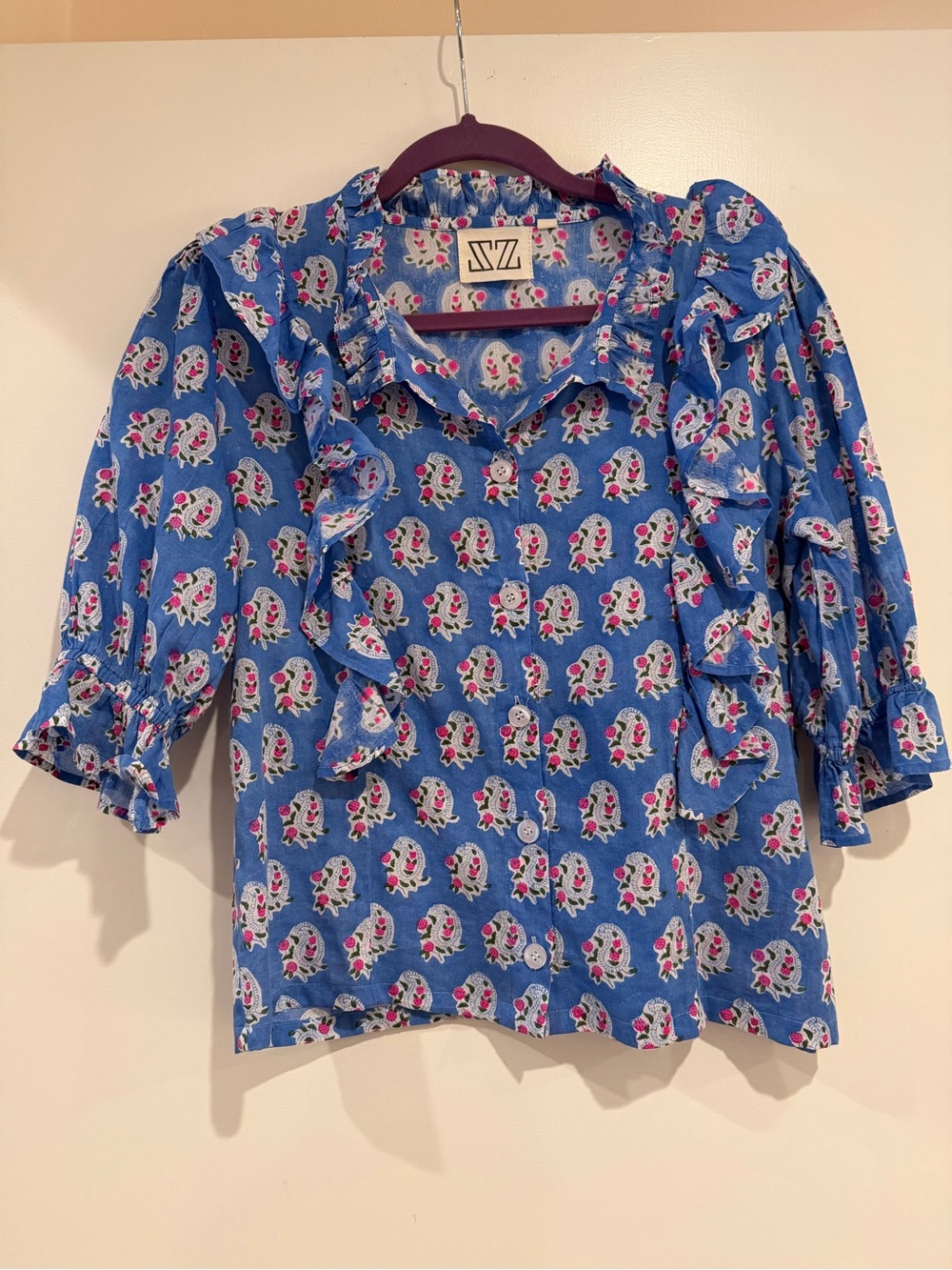 SZ Blockprints Hartley Top Womens Small Blue Ruffle Paisley‎ Boho Cottage Folk
